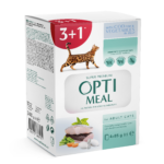 OPTIMEAL ™. Повнораціонний консервований корм для дорослих котів з тріскою та овочами в желе (3+1), 0,34 кг