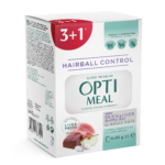 OPTIMEAL ™. Повнораціонний консервований корм для дорослих котів з ефектом виведення шерсті, з качкою та шматками печінки в яблучному желе (3+1), 0,34 кг