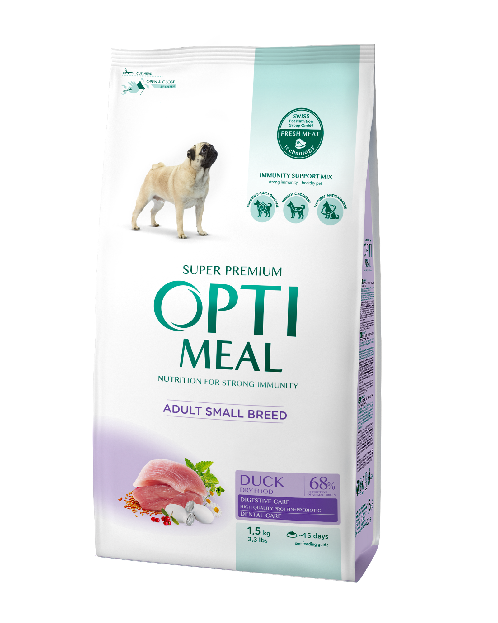 4820215362368_ 1,5 кг OPTIMEAL™. Повнораціонний сухий корм для дорослих собак малих порід - качка - Зображення 1