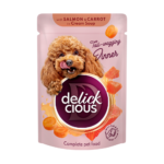 DELICKCIOUS™ "Смужки з лососем та морквою в крем супі". Повнораціонний консервований корм для дорослих собак