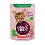 DELICKCIOUS™ “Шматочки з качкою, курячим філе і шпинатом в соусі”. Повнораціонний консервований корм для дорослих котів