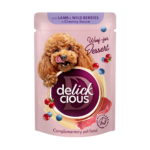 DELICKCIOUS™ "Пластівці з ягнятиною та лісовими ягодами у вершковому соусі". Додатковий консервований корм для дорослих собак