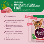 DELICKCIOUS™ “Шматочки з качкою, курячим філе і шпинатом в соусі”. Повнораціонний консервований корм для дорослих котів - Зображення 2
