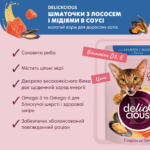 DELICKCIOUS™ “Шматочки з лососем і мідіями в соусі”. Повнораціонний консервований корм для дорослих котів - Зображення 2