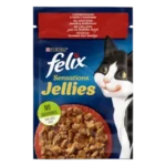 FELIX® SENSATIONS® JELLIES (Желе). З яловичиною в желе з томатами. Шматочки у желе. Консервований порційний повнораціонний корм для дорослих котів.