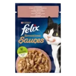FELIX® SENSATIONS® SAUCES (Соуси). З лососем в соусі зі смаком креветок. Шматочки у соусі. Консервований порційний повнораціонний корм для дорослих котів.