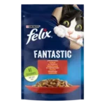 FELIX® FANTASTIC . З яловичиною в желе. Шматочки у желе. Консервований порційний повнораціонний корм для дорослих котів.