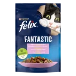 FELIX® FANTASTIC. З фореллю та зеленими бобами. Шматочки у желе. Консервований порційний повнораціонний корм для дорослих котів.