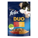 FELIX® DUO (Дуо). З яловичиною та птицею. Шматочки в желе. Консервований порційний повнораціонний корм для дорослих котів.