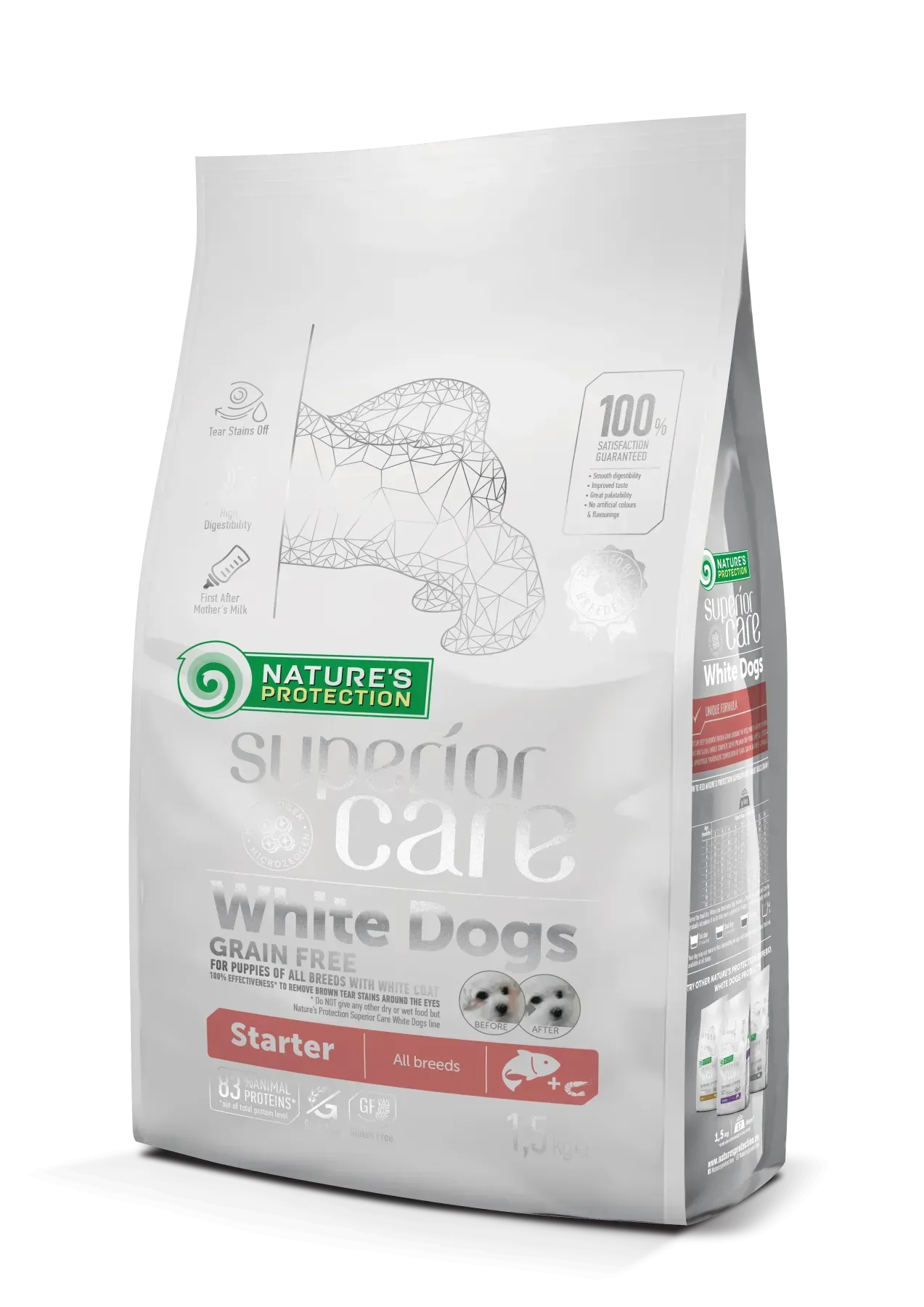 33710129969670 Nature's Protection Superior Care White Dogs Grain Free Salmon Starter All Breeds Сухий беззерновий корм (стартер) для цуценят усіх порід з лососем - Зображення 1
