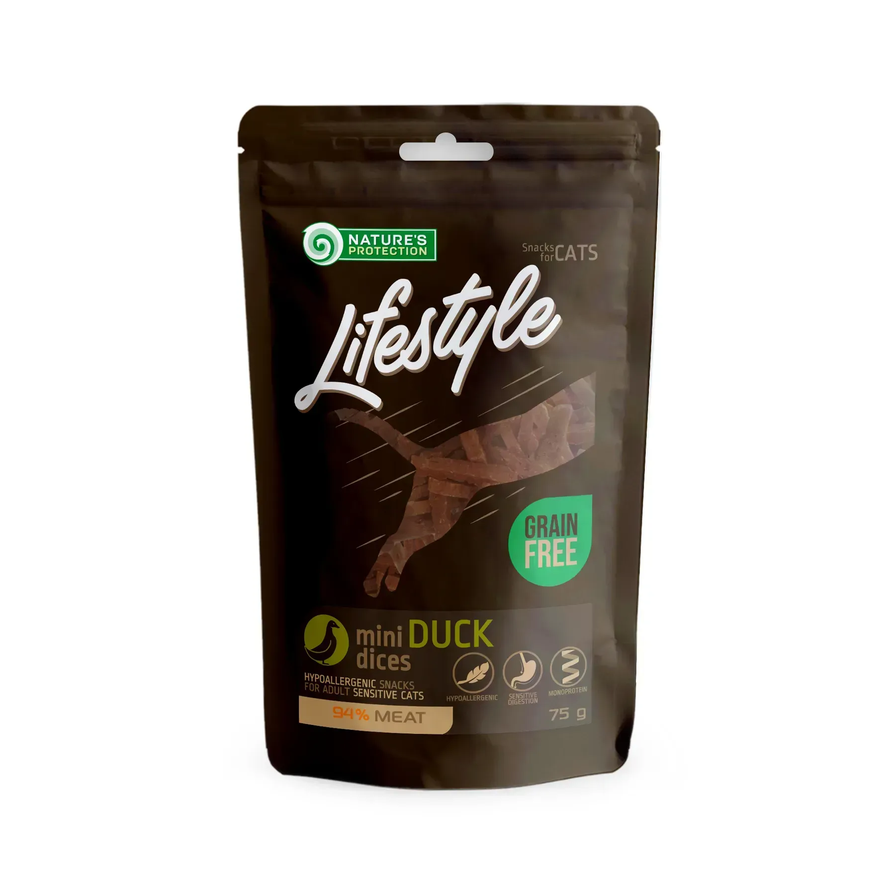 46896980221783 Nature's Protection Lifestyle Duck mini dices Ласощі для котів міні шматочки качки, 75 г - Зображення 1