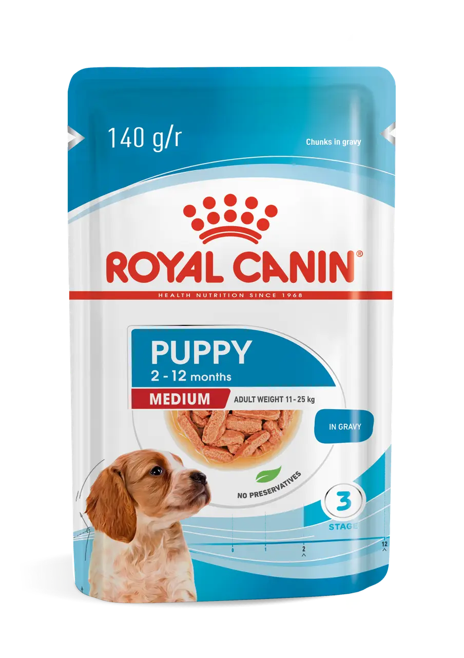 6763430208_w640_h640_6763430208 Вологий корм для цуценят середніх розмірів ROYAL CANIN MEDIUM PUPPY IN GRAVY 0.140 кг - Зображення 1