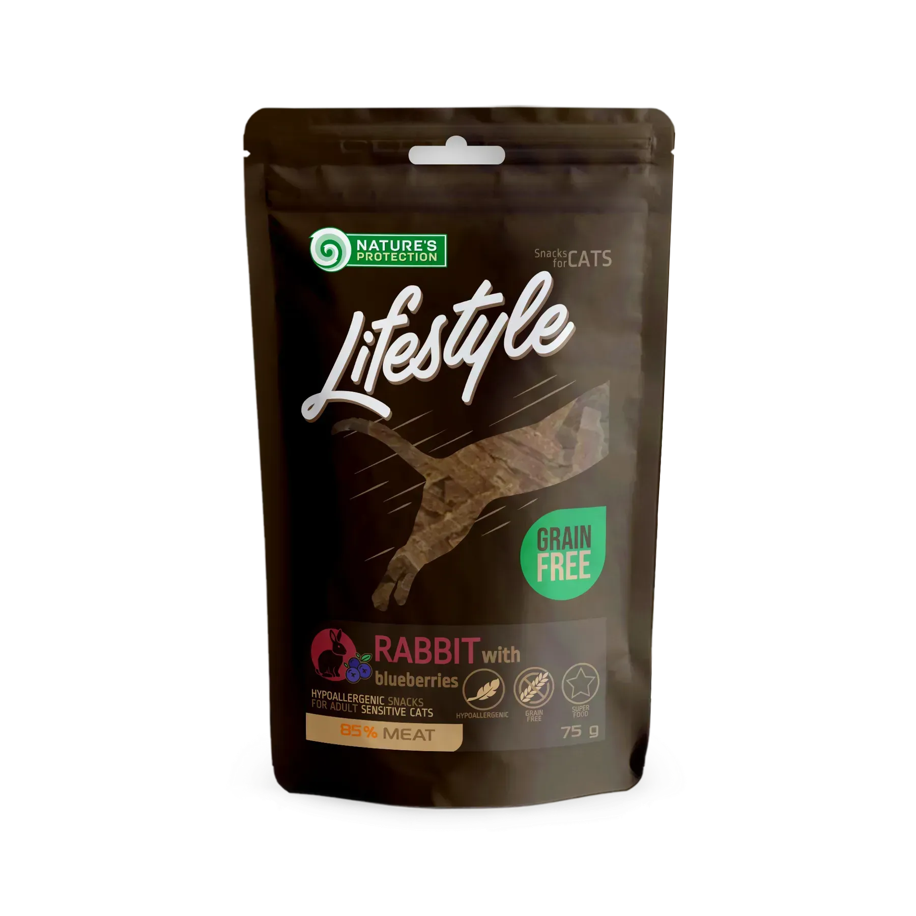 79229417278534 Nature's Protection Lifestyle Rabbit with blueberries Ласощі для котів кролик з чорницею, 75 г - Зображення 1
