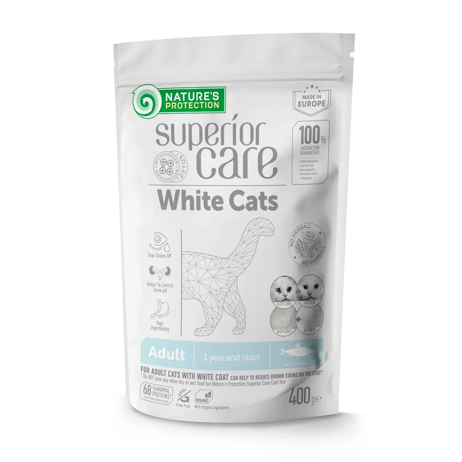 83114382437656 Nature's Protection Superior Care White Cats Grain Free Herring Сухий беззерновий корм для дорослих котів з білим забарвленням з оселедцем - Зображення 1
