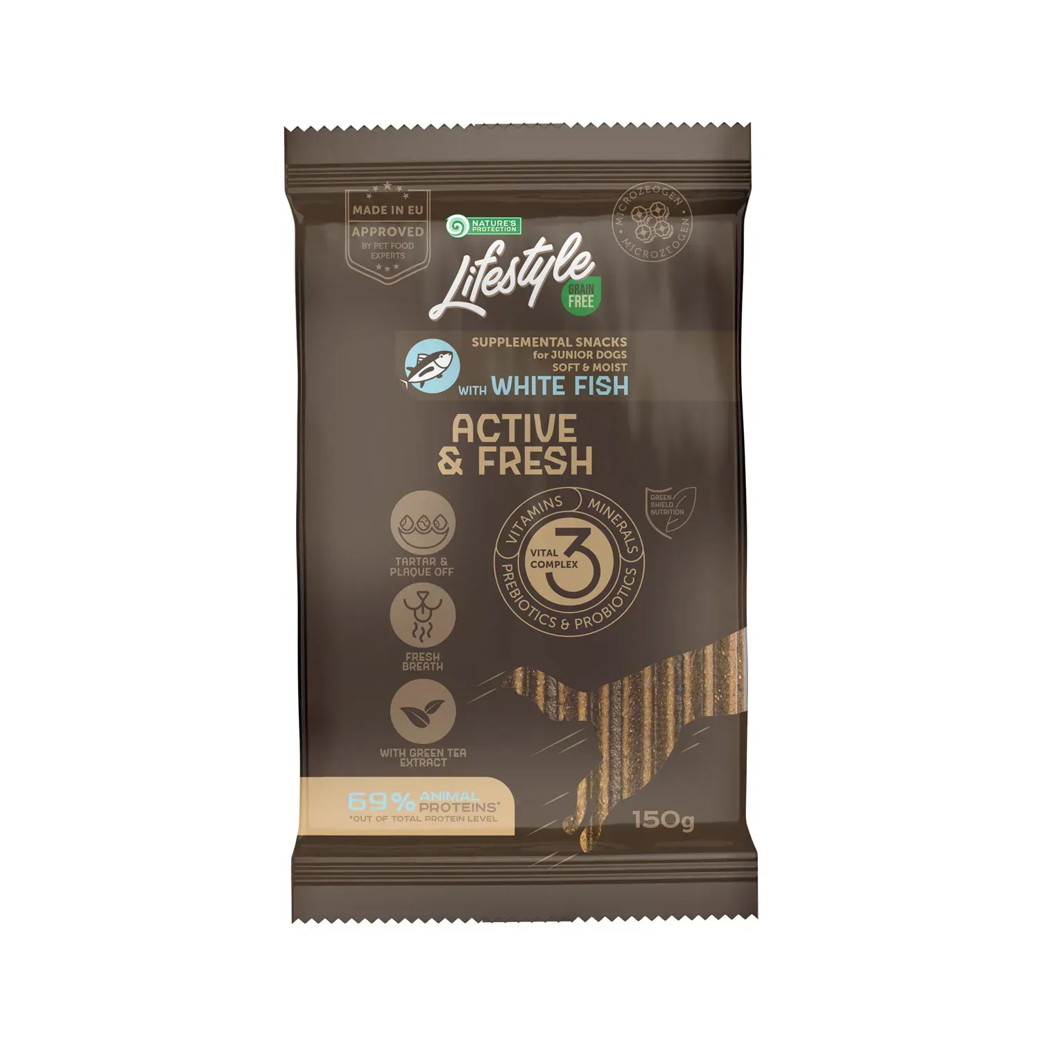 25879915846174 Nature's Protection Lifestyle Grain Free White fish Active & Fresh Беззернові ласощі для юніорів з білою рибою, 150 г - Зображення 1