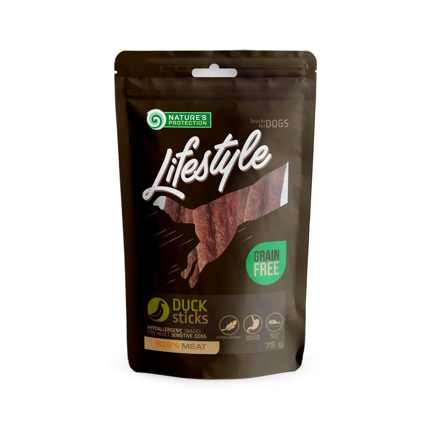 61134421592814 Nature's Protection Lifestyle Duck Sticks Ласощі для собак смужки з качки, 75 г - Зображення 1