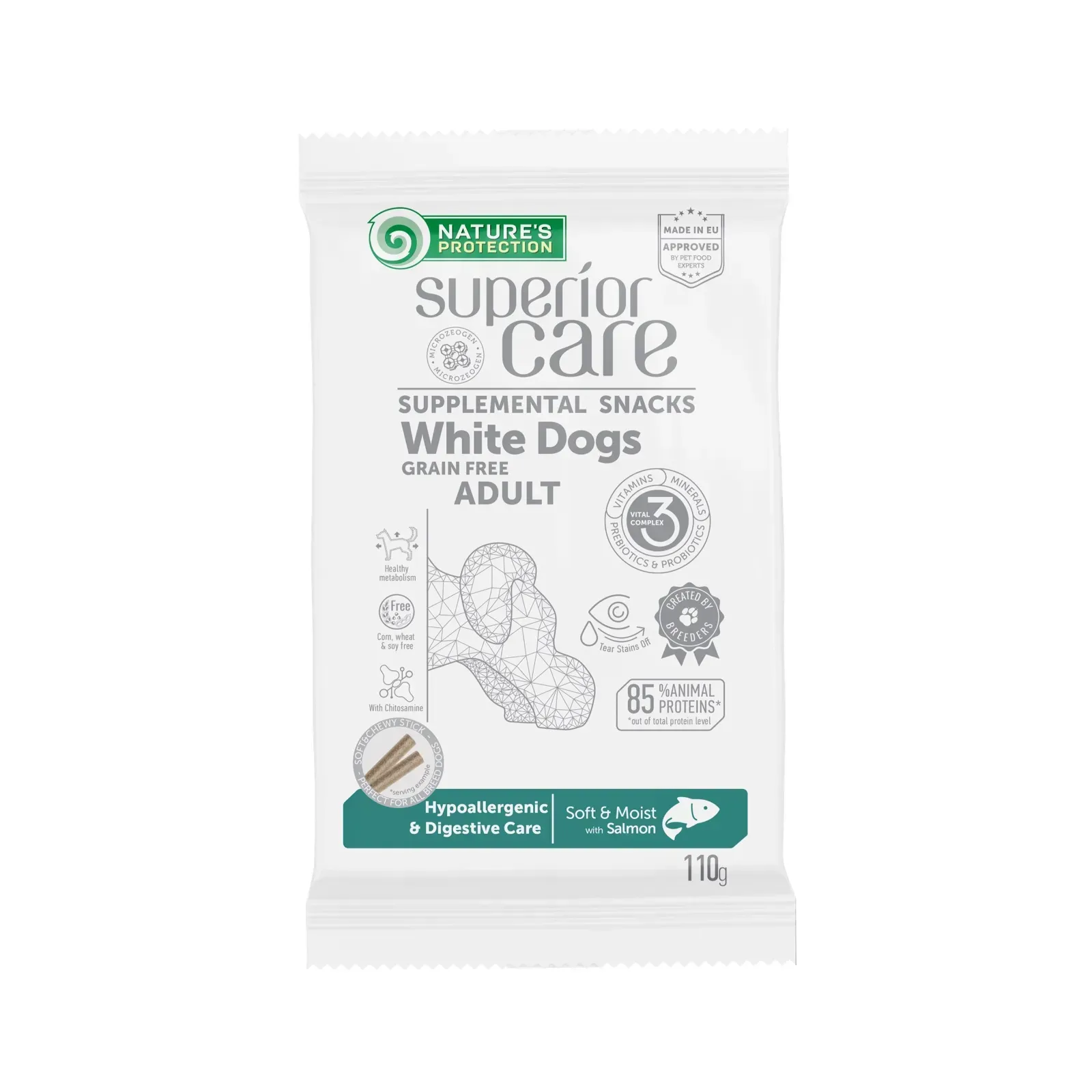 91249097629254 Nature's Protection Superior Care White Dogs Hypoallergenic & Digestive Care Беззернові ласощі для дорослих собак із білим забарвленням з лососем, 110 г - Зображення 1