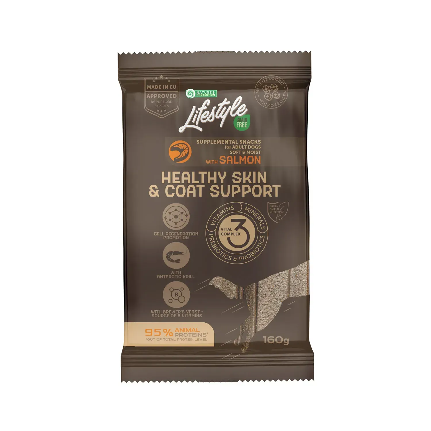 98867168307700 Nature's Protection Lifestyle Grain Free Salmon Healthy Skin&Coat Support Беззернові ласощі для собак з лососем, 160 г - Зображення 1
