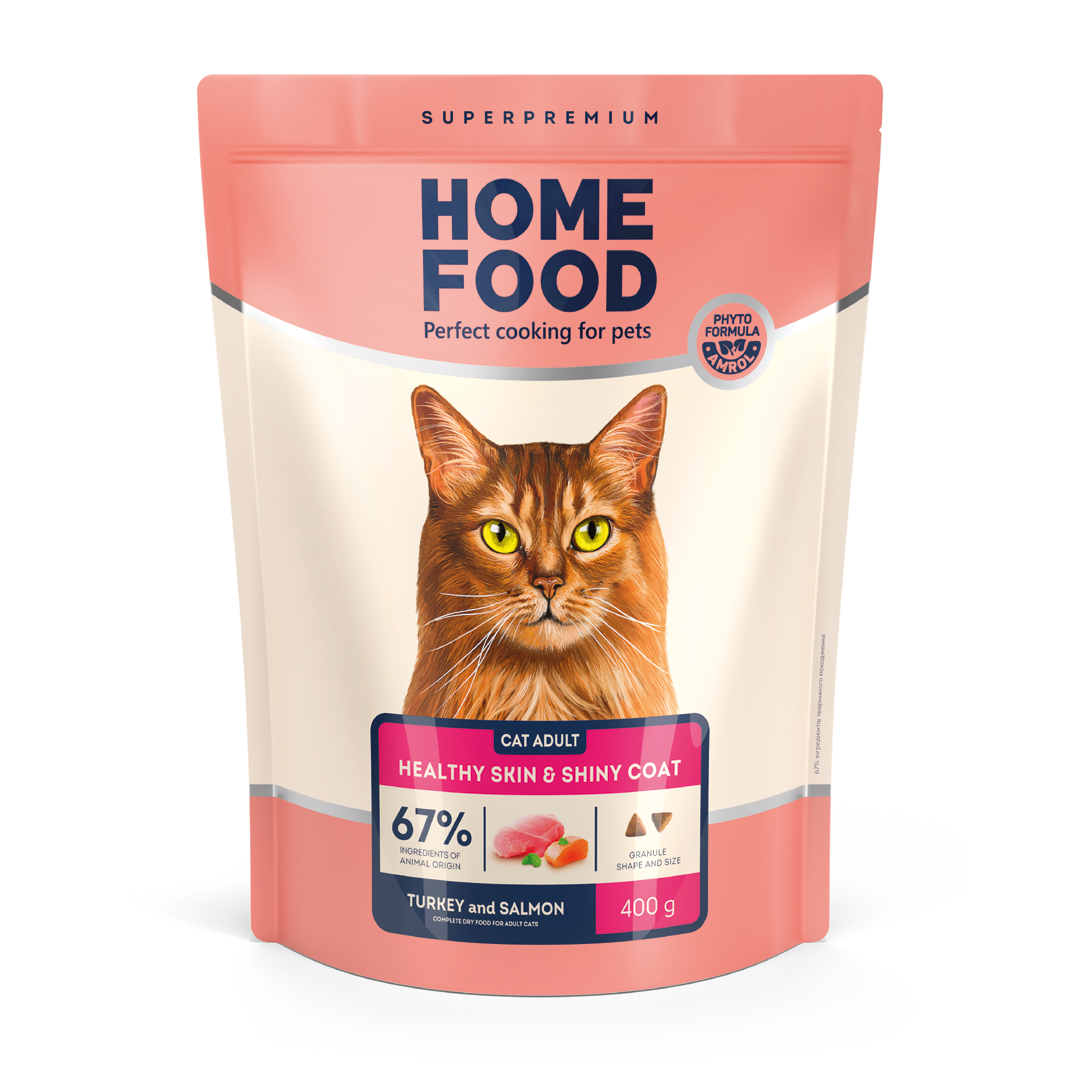 4820235020088 Повнораціонний сухий корм Home Food для котів CAT ADULT Здорова шкіра та блиск шерсті Індичка та лосось 0,4 кг - Зображення 1