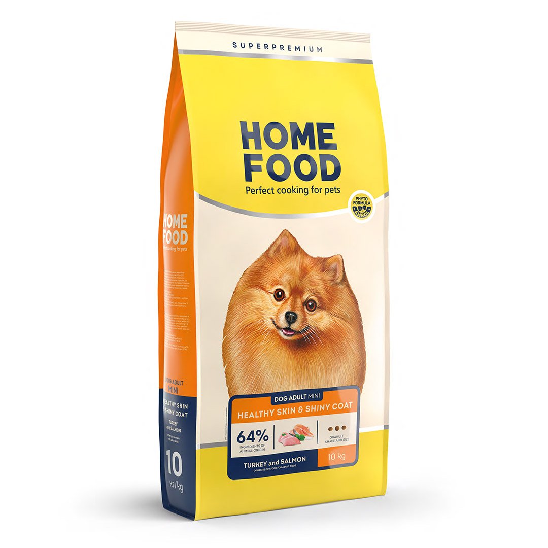 4820235020378 Повнораціонний сухий корм Home Food для дорослих собак DOG ADULT MINI Здорова шкіра та блиск шерсті Індичка та лосось 10 кг - Зображення 1