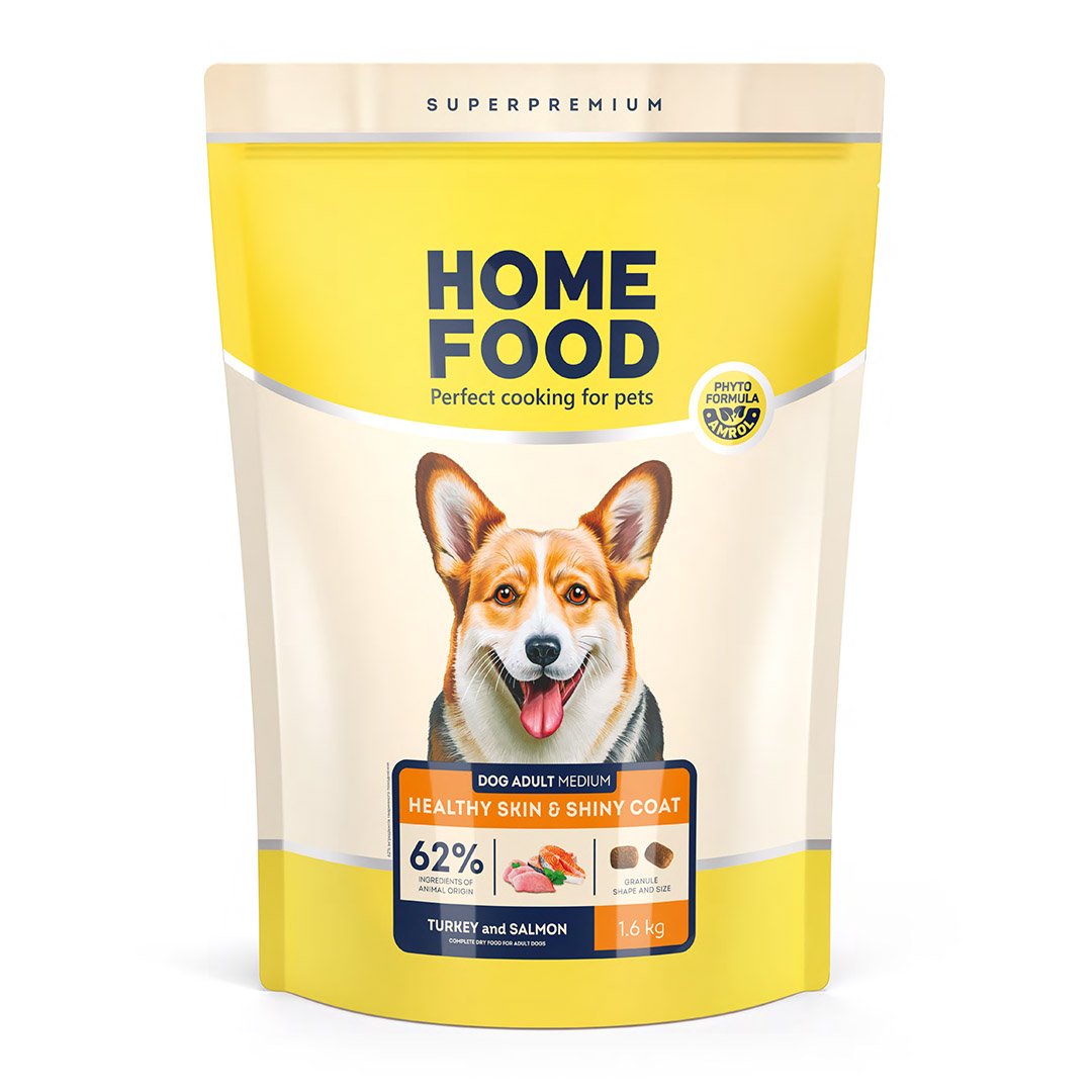 39314815 Повнораціонний сухий корм Home Food для дорослих собак DOG ADULT MEDIUM Здорова шкіра та блиск шерсті Індичка та лосось 1,6 кг - Зображення 1