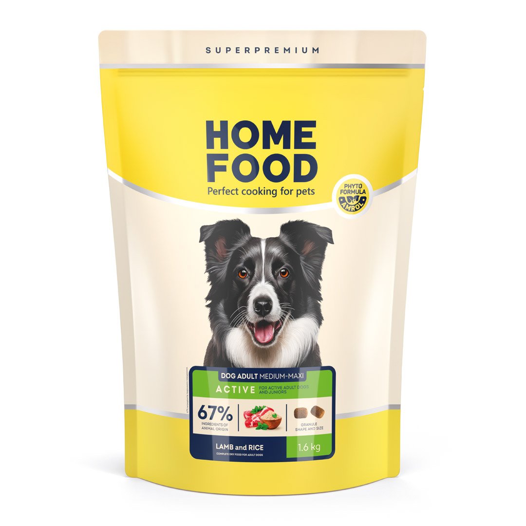 4820235020446 Повнораціонний сухий корм Home Food для дорослих собак DOG ADULT MEDIUM/MAXI Для активних собак і юніорів Ягнятина з рисом 1,6 кг - Зображення 1