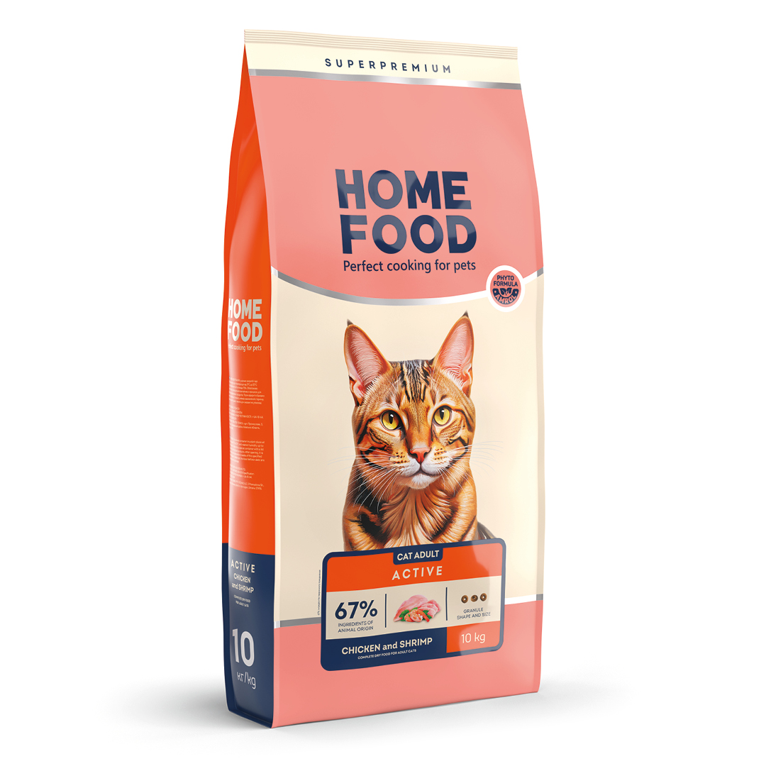 4820235020576 Повнораціонний сухий корм Home Food для котів CAT ADULT Для активних Курочка та креветка 10 кг - Зображення 1