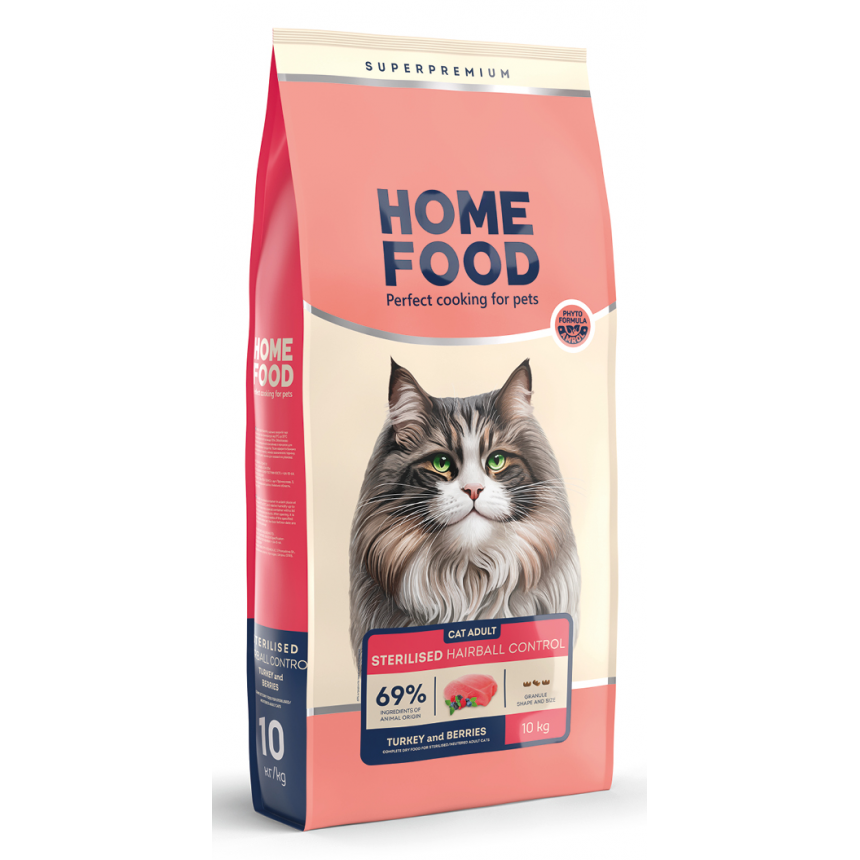 4820235020880 Повнораціонний сухий корм Home Food для котів CAT ADULT Hairball Control для стерилізованих "Індичка та ягоди" 10 кг - Зображення 1