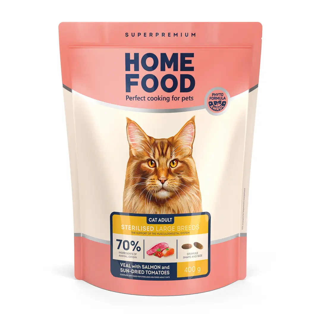 4820235021009 Повнораціонний сухий корм Home Food для котів CAT ADULT Для великих порід Телятина з лососем та в'яленими томатами 0,4 кг - Зображення 1
