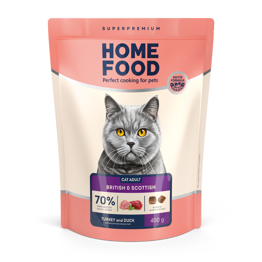 4820235021016 Повнораціонний сухий корм Home Food для котів CAT ADULT Для котів британських та шотландських порід Індичка та качка 0,4 кг - Зображення 1