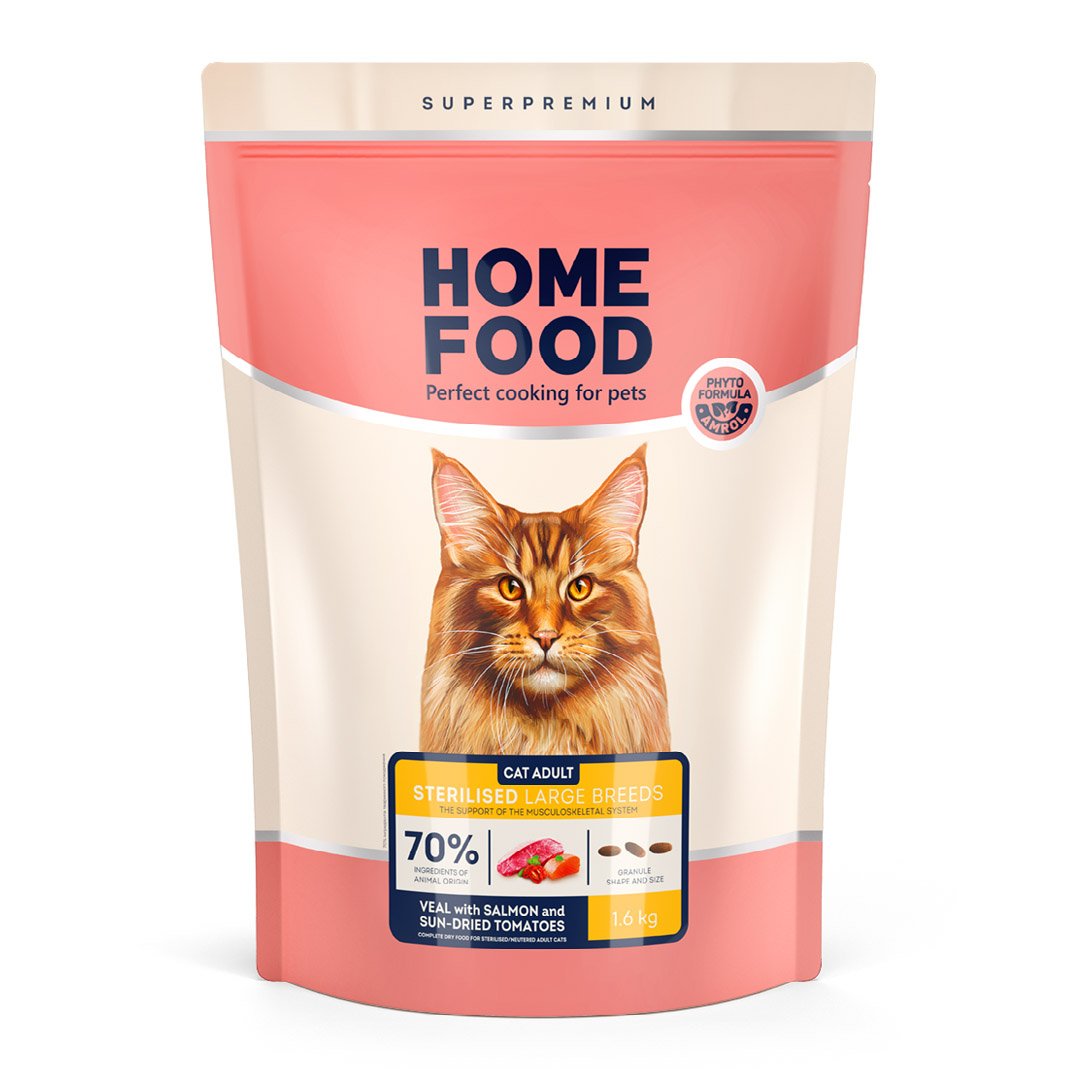 4820235021184 Повнораціонний сухий корм Home Food для котів CAT ADULT Для великих порід Телятина з лососем та в'яленими томатами 1,6 кг - Зображення 1