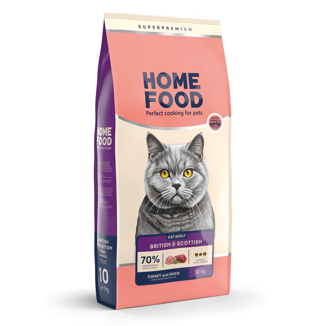 4820235021207 Повнораціонний сухий корм Home Food для котів CAT ADULT Для котів британських та шотландських порід Індичка та качка 10 кг - Зображення 1