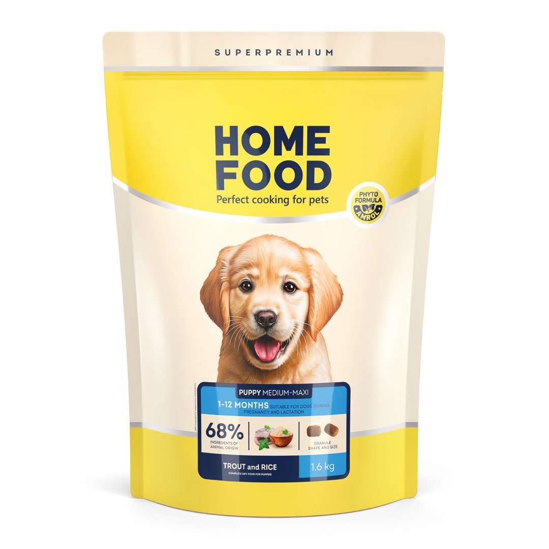 4820235021337 Повнораціонний сухий корм Home Food для цуценят PUPPY MEDIUM/MAXI Гіпоалергенний Форель з рисом 1,6 кг - Зображення 1