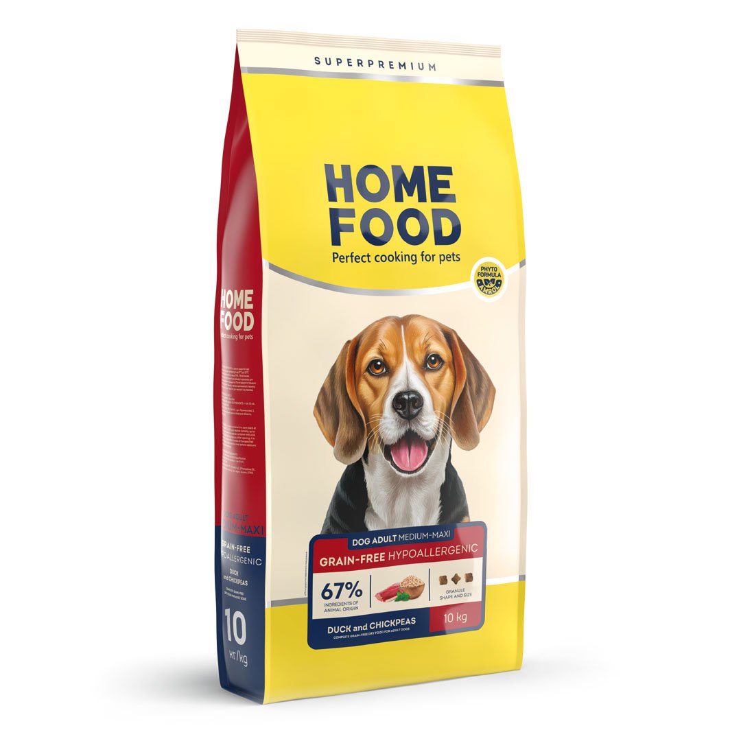 91565484 Повнораціонний сухий корм Home Food для дорослих собак DOG ADULT MEDIUM/MAXI Беззерновий гіпоалергенний М'ясо качки з нутом 10 кг - Зображення 1