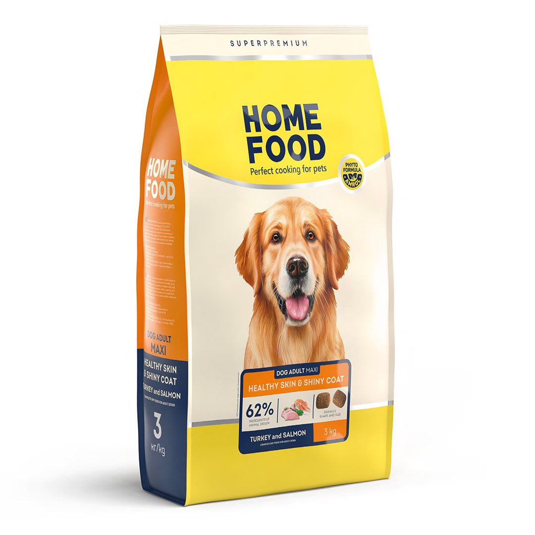 44653503591422 Повнораціонний сухий корм Home Food для дорослих собак DOG ADULT MAXI Здорова шкіра та блиск шерсті Індичка та Лосось 3 кг - Зображення 1