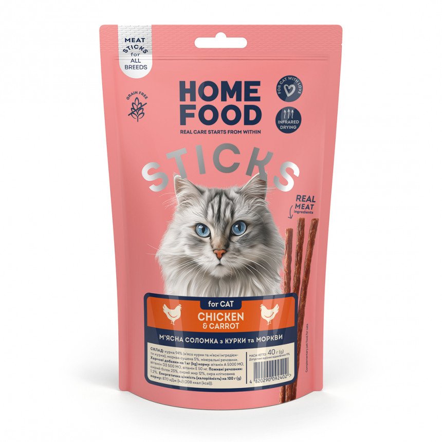 4820235024005 Ласощі для котів Home Food для котів Соломка з м'яса птиці та морква - Зображення 1