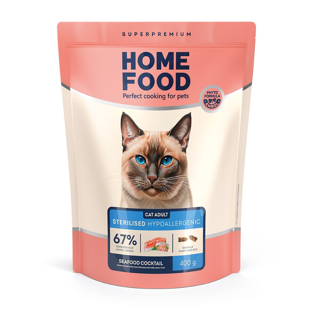 4820290090019 Повнораціонний сухий корм Home Food для котів CAT ADULT Гіпоалергенний Морський коктейль 0,4 кг - Зображення 1