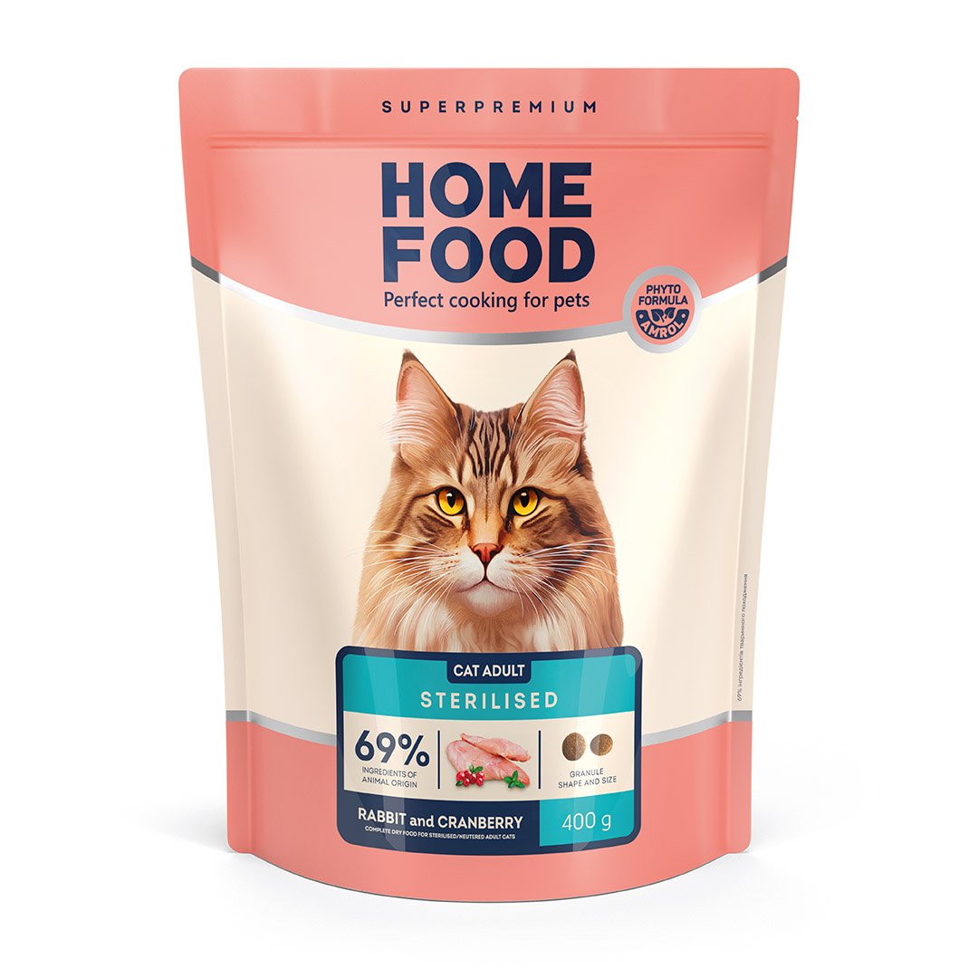 4820290090033 Повнораціонний сухий корм Home Food для котів CAT ADULT Для кастрованих/стерилізованих Кролик та журавлина 0,4 кг - Зображення 1