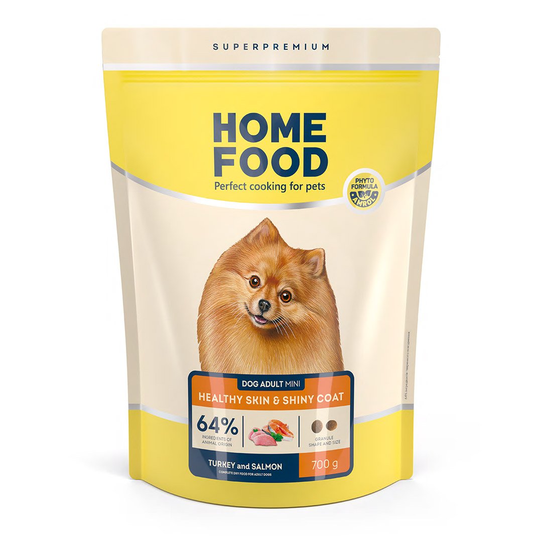 4820290090347 Повнораціонний сухий корм Home Food для дорослих собак DOG ADULT MINI Здорова шкіра та блиск шерсті Індичка та лосось 0,7 кг - Зображення 1