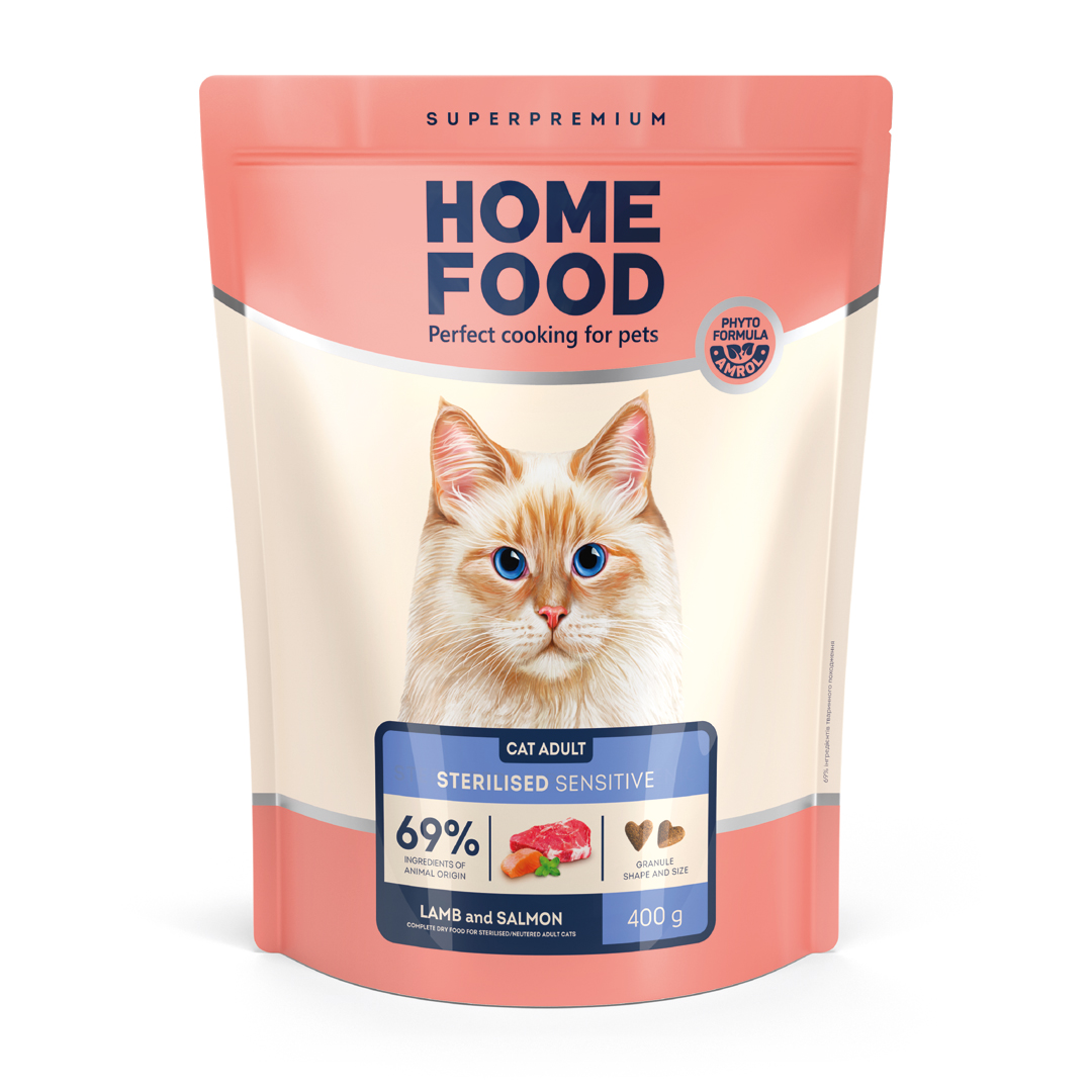 4820290090675 Повнораціонний сухий корм Home Food для котів CAT ADULT З чутливим травленням Ягнятина та лосось 0,4 кг - Зображення 1
