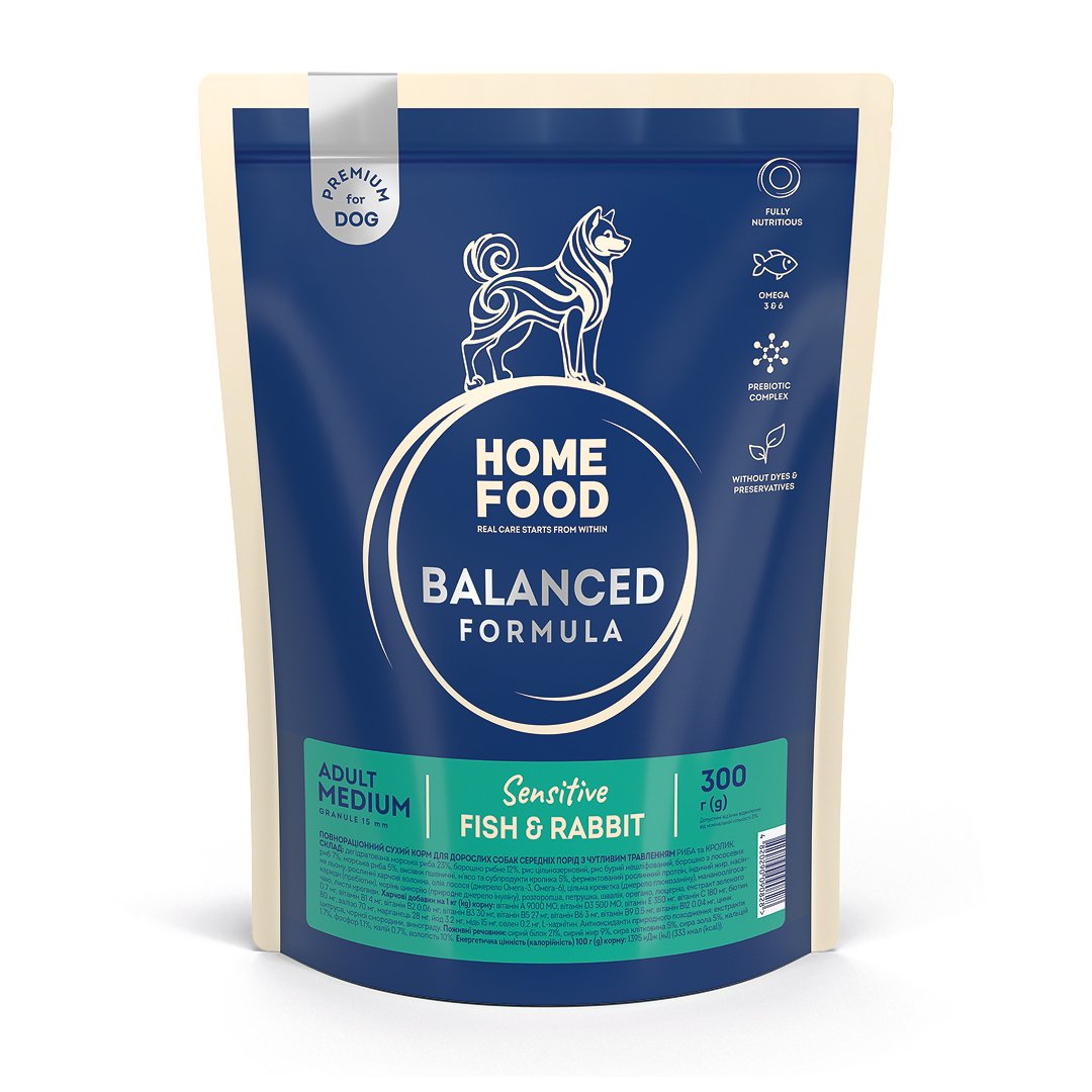 4820290090828 Сухий Корм Home Food Для дорослих собак середніх порід Риба та кролик 0,3 кг - Зображення 1