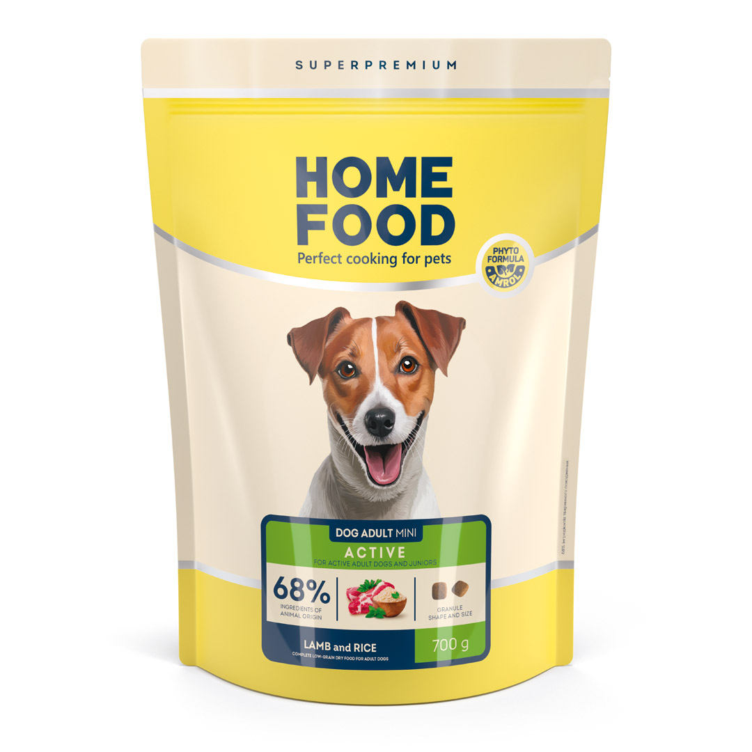 31529073 Повнораціонний сухий корм Home Food для дорослих собак DOG ADULT MINI Для активних собак і юніорів Ягнятина з рисом 0,7 кг - Зображення 1