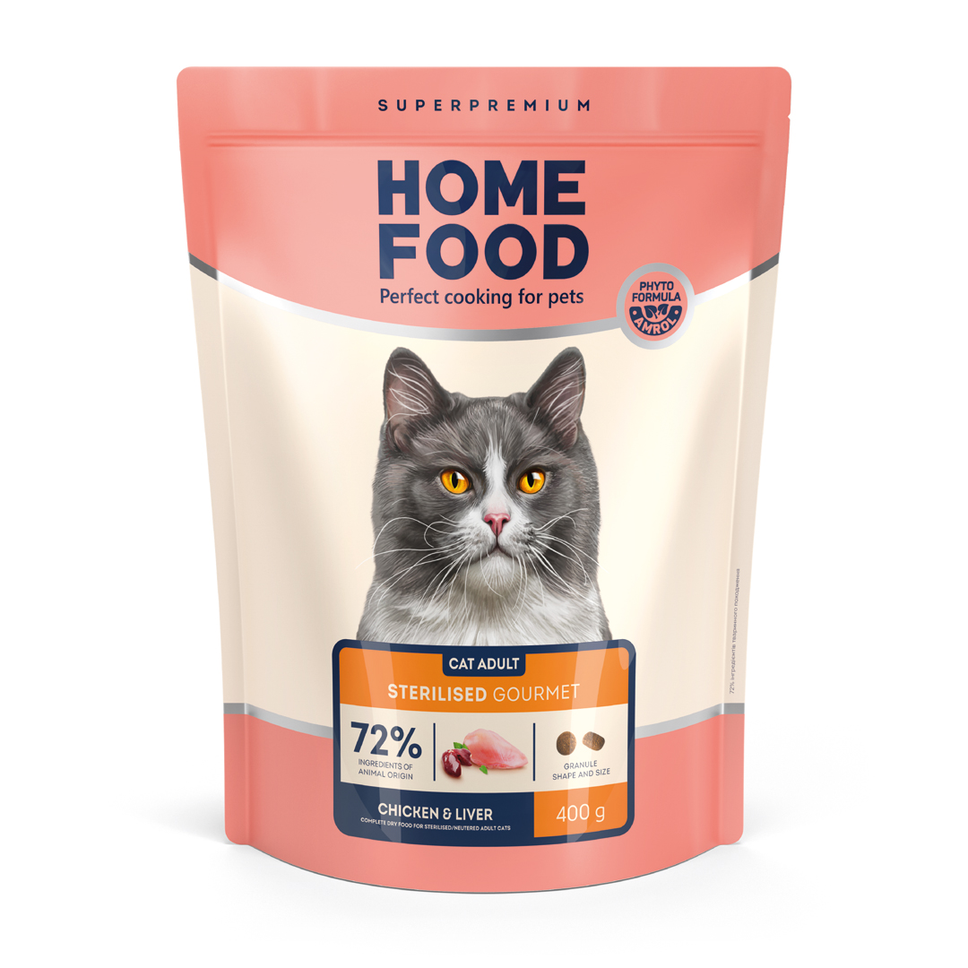 4820290090989 Повнораціонний сухий корм Home Food для котів CAT ADULT Для вибагливих Chicken & Liver 0,4 кг - Зображення 1