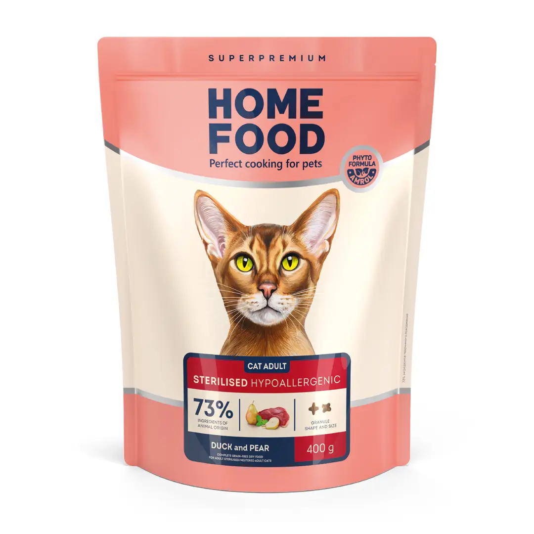 4820290090996 Повнораціонний сухий корм Home Food для котів CAT ADULT Гіпоалергенний беззерновий Качине філе з грушею 0,4 кг - Зображення 1