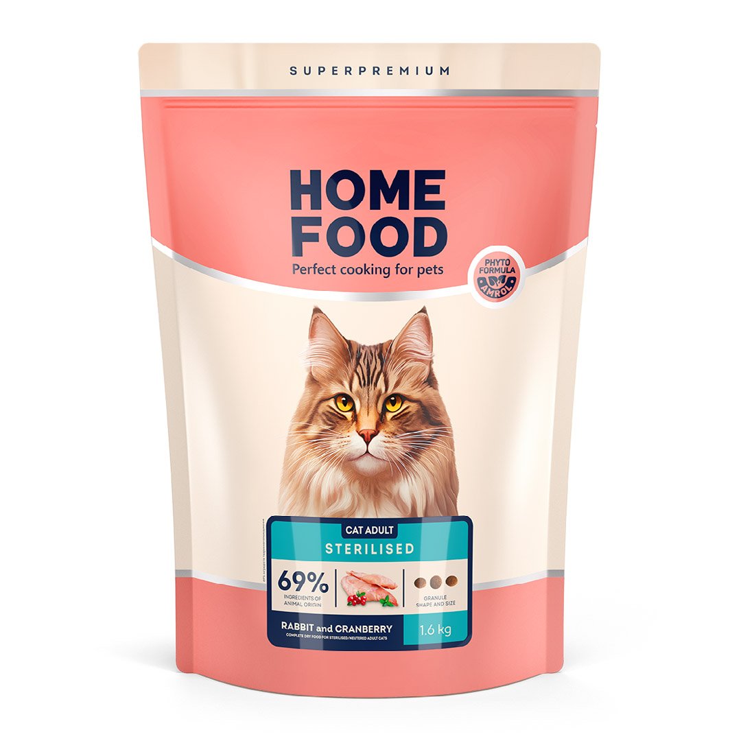 4820290091016 Повнораціонний сухий корм Home Food для котів CAT ADULT Для кастрованих/стерилізованих Кролик та журавлина 1,6 кг - Зображення 1