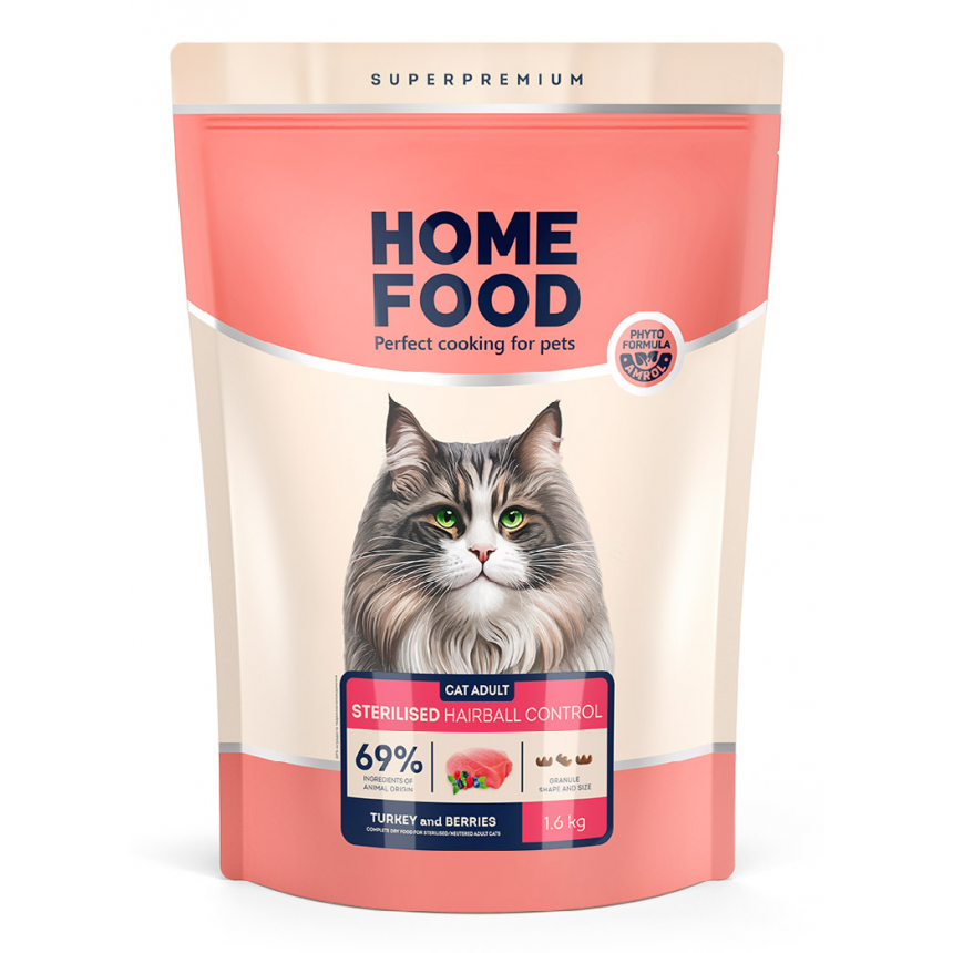 4820290091030 Повнораціонний сухий корм Home Food для котів CAT ADULT Hairball Control для стерилізованих "Індичка та ягоди" 1,6 кг - Зображення 1