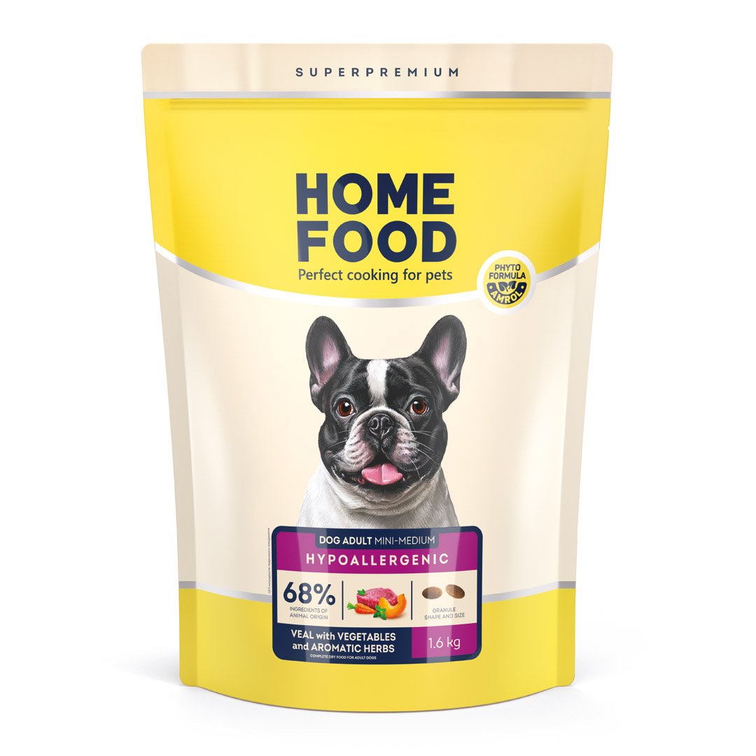 4820290091047 Повнораціонний сухий корм Home Food для дорослих собак DOG ADULT MINI/MEDIUM Гіпоалергенний Телятина з овочами 1,6 кг - Зображення 1