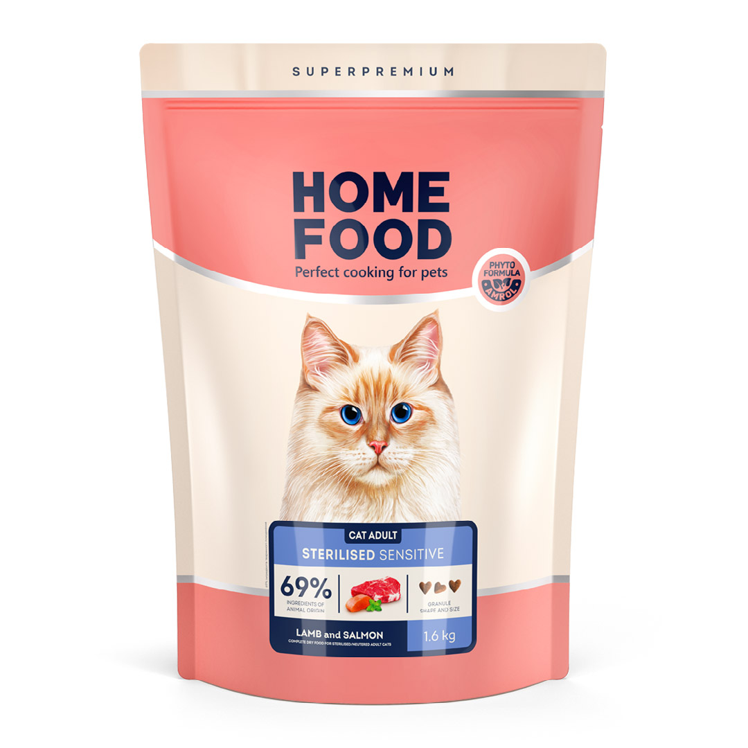 4820290092044 Повнораціонний сухий корм Home Food для котів CAT ADULT З чутливим травленням Ягнятина та лосось 1,6 кг - Зображення 1