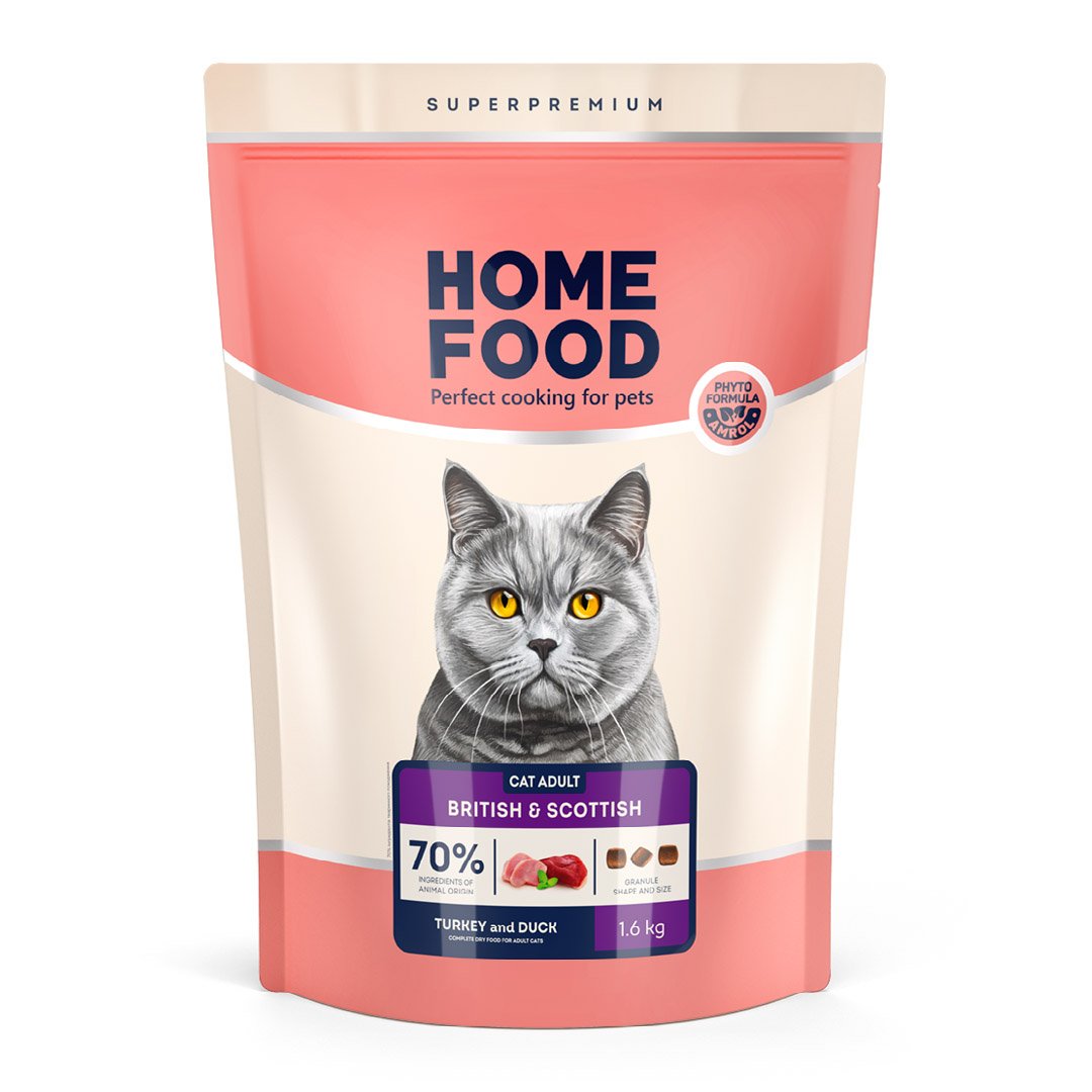 4820290092082 Повнораціонний сухий корм Home Food для котів CAT ADULT Для котів британських та шотландських порід Індичка та качка 1,6 кг - Зображення 1