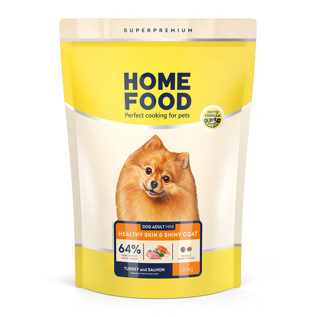 4820290092181 Повнораціонний сухий корм Home Food для дорослих собак DOG ADULT MINI Здорова шкіра та блиск шерсті Індичка та лосось 1,6 кг - Зображення 1